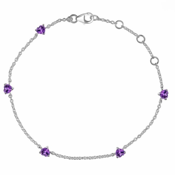 Genuine Amythest Heart Shape Dainty 925 Sterling Silver Gemstone Bracelet - Picture 3 of 3